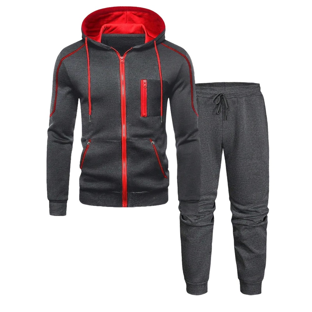 Men Contrast Piping Drawstring Hoodie & Sweatpants-D GREY-S